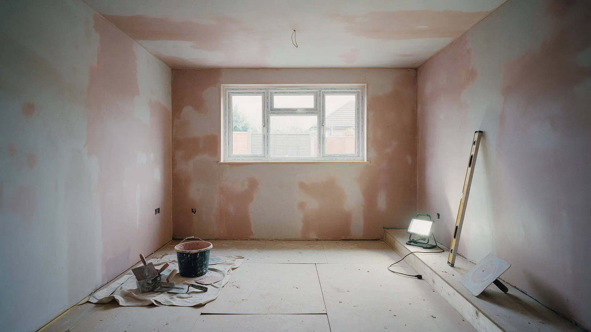 A garage conversion at the plastering stage (illustrative render)